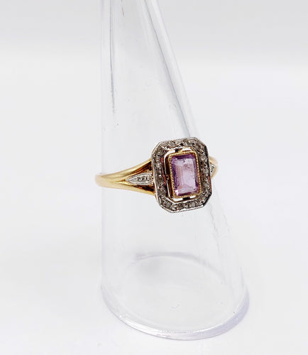 Bague 55 Bague pompadour or jaune, platine, améthyste et diamants taille rose (circa 1910) 58 Facettes A05298