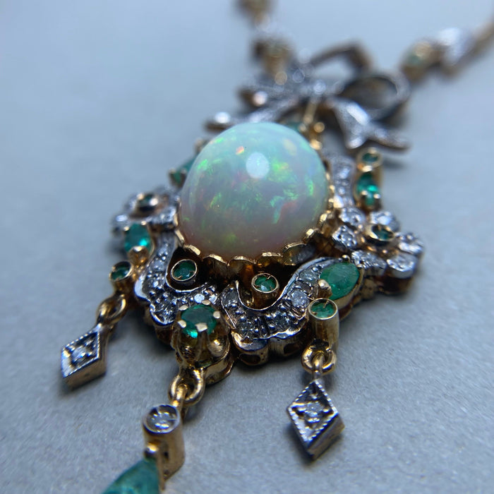 Yellow gold, silver, diamond, emerald and opal necklace