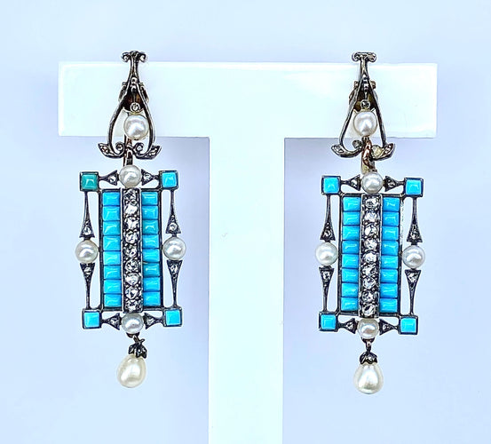 Boucles d'oreilles Boucles d’oreilles or jaune et argent, turquoises, diamants, perles fines, vers 1880 58 Facettes AB543