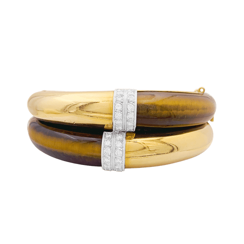 Bracelet Bracelet ouvrant, or jaune, oeil de tigre et diamants. 58 Facettes 34624