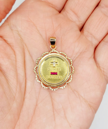 Pendentif RARE Pendentif AUGIS médaille d'amour 26 mm or rose 18k orné de rubis : "+ qu'hier - que demain" (circa 1970) 58 Facettes A05093