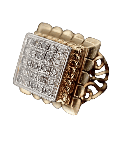 Yellow gold ring platinum with brilliant diamond paving and arabesque decoration