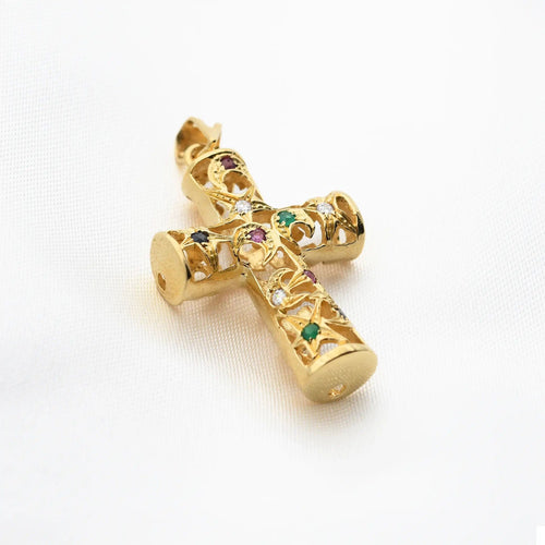 Pendentif Pendentif croix en or jaune orné de rubis, d'émeraudes et de saphirs 58 Facettes 17550