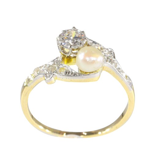 Vintage Belle Epoque diamant- og perle romantisk toi-et-moi forlovelsesring 