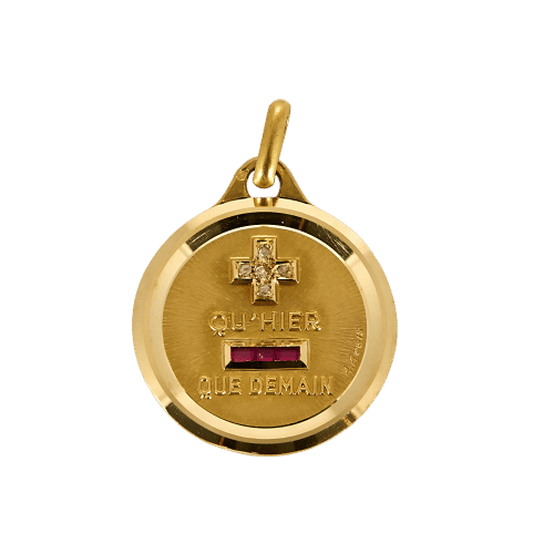 Pendentif Augis - Médaille sentimentale en or jaune, rubis et diamants 58 Facettes CHAL1174