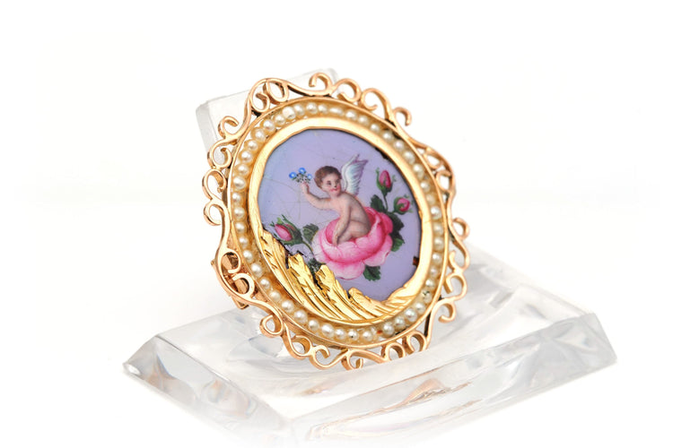 Broche Broche Napoléon III en or jaune 18 carats sertie d'émail et de perles 58 Facettes B750