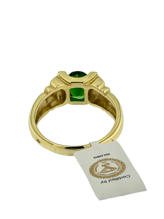 Anillo de oro amarillo con diamantes y Diópsido verde