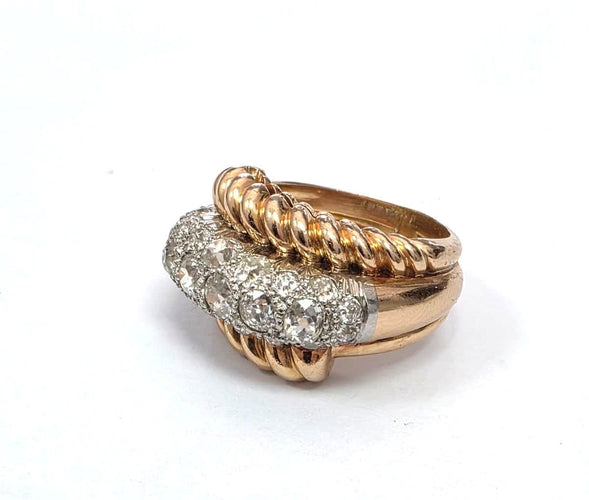 Bague 51 Bague vintage française en or jaune avec diamants des années 1950 58 Facettes