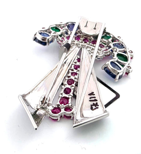 Broche Magnifique broche tutti frutti en or blanc massif ornée d'un mélange de pierres précieuses 58 Facettes