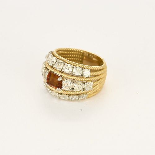 Bague 51.5 Bague large en or jaune torsadé citrine madère et diamants tailles ancienne. 58 Facettes
