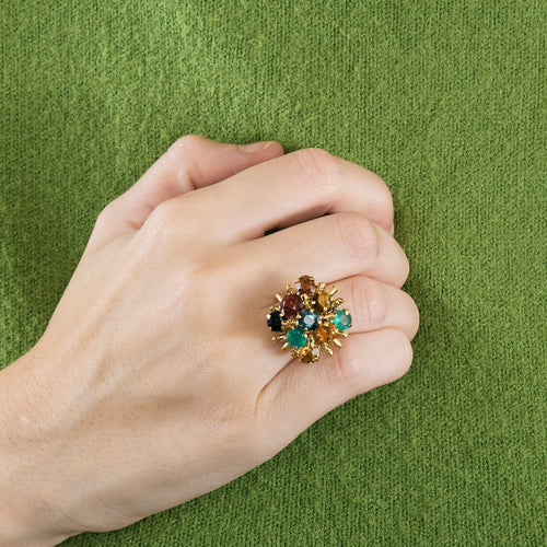 Anello cocktail oro giallo citrino spinello occhio di tigre zaffiro