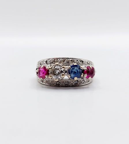 Bague 51 Bague jarretière art déco or blanc diamant, saphir et rubis 58 Facettes A03240