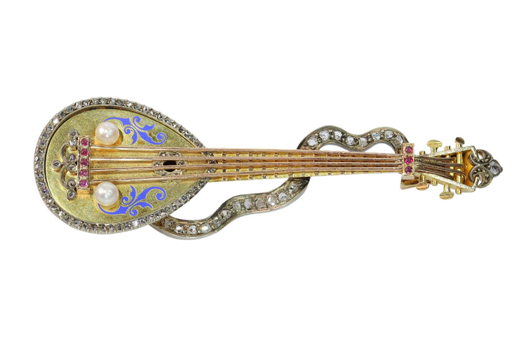 Broche Broche mandoline ornée de diamants, de rubis et de perles, de style victorien français 58 Facettes 14185-0013