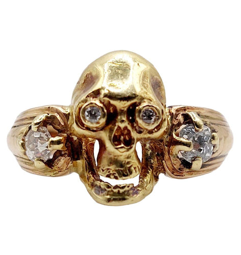 Bague 56.5 Bague momento mori antique or jaune 14k tête de mort et diamants taille anciennes 58 Facettes A05056