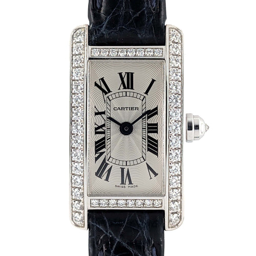 Cartier SELTEN Cartier Mini Tank Amerikanisch Weißgold-Lünette, werkseitig mit 47 Diamanten besetzt, Flinqué-Guilloché-Zifferblatt + 18k Weißgold-Schließe + Box 