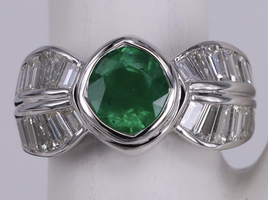 Emerald and baguette Diamond white gold ring