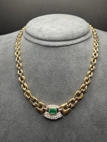Collier Collier ras du cou en or jaune et blanc des années 1980 avec émeraude et diamants 58 Facettes
