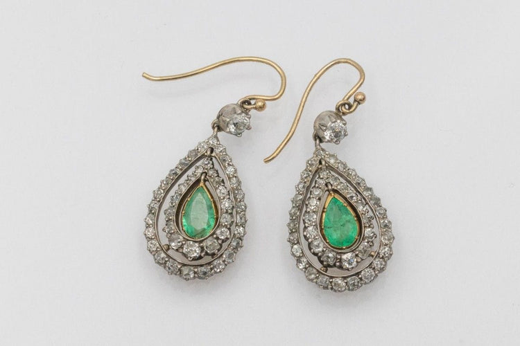 Boucles d'oreilles Antique yellow Gold and Silver Earrings with Emeralds and Diamonds 58 Facettes 11464
