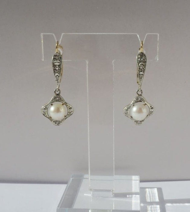 Boucles d'oreilles Boucles d’oreilles pendantes Art Déco perle diamants or bicolore 58 Facettes