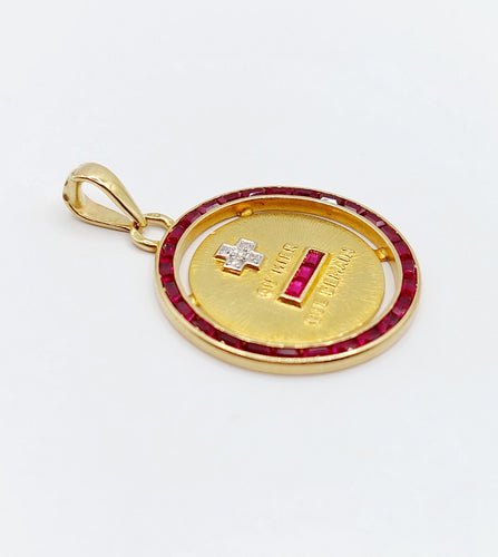 Pendentif AUGIS - RARE Pendentif médaille d'amour Or Jaune Diamants et rubis calibrés 58 Facettes A04060