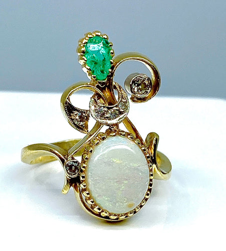 Bague 56 Bague 2 Ors Opale Emeraude Diamants 58 Facettes AB226