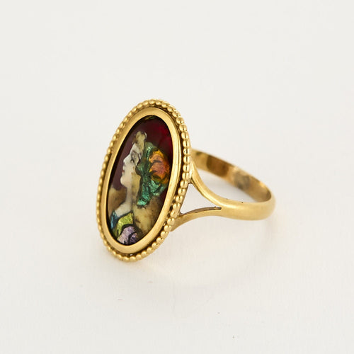 Bague 58 Bague ancienne avec émail de limoges en or jaune. 58 Facettes