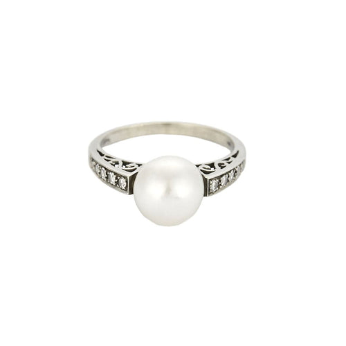 Bague 54 Bague en or blanc, perle blanche de culture et diamants 58 Facettes DAX0008