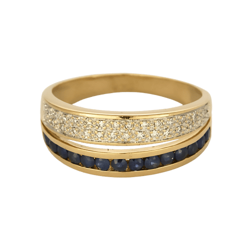 Keltakultainen sormus, safiirit ja timantit 