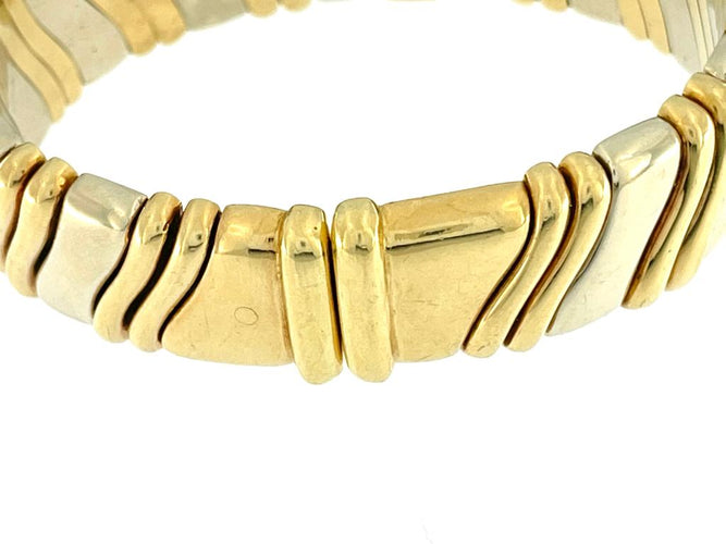 Brazalete italiano tipo mancuernas en oro amarillo y oro blanco con diamantes 