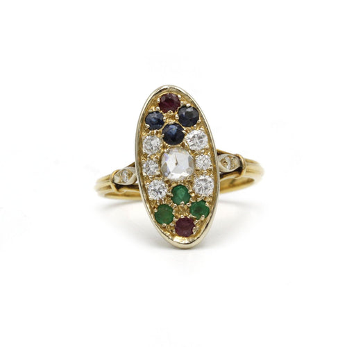 Bague 57 Bague - Or jaune diamants, émeraudes, saphirs et rubis. 58 Facettes 1034