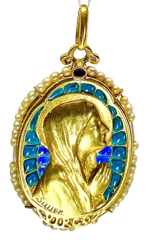Pendentif Médaille vierge émail perles fines signée SELLIER 58 Facettes AB164