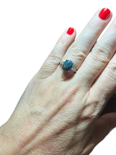 Bague 54 Bague Opale noire, diamant, or blanc 58 Facettes 7786 A