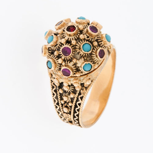 Bague 60.5 Bague Art Déco or jaune 19 carats, turquoise et rubis 58 Facettes