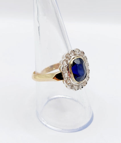 Bague 60 Bague pompadour Art Déco or et platine, saphir synthétique de 3,00 carats, diamants taille rose (circa 1920) 58 Facettes A04827