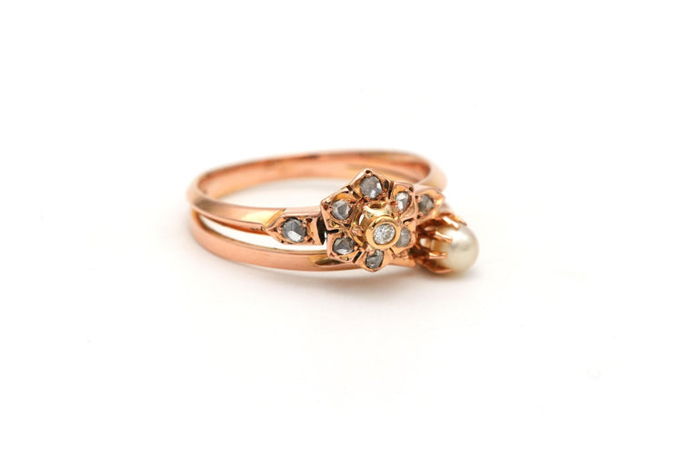 Anello Art Nouveau in oro giallo 18 carati incastonata con una perla e diamanti taglio rosa 