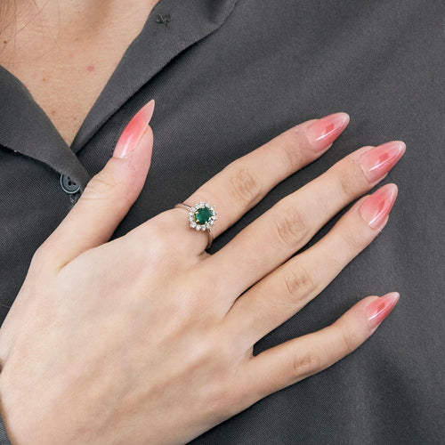 Bague 53 Bagur marguerite or blanc, émeraude et diamants 58 Facettes GU178