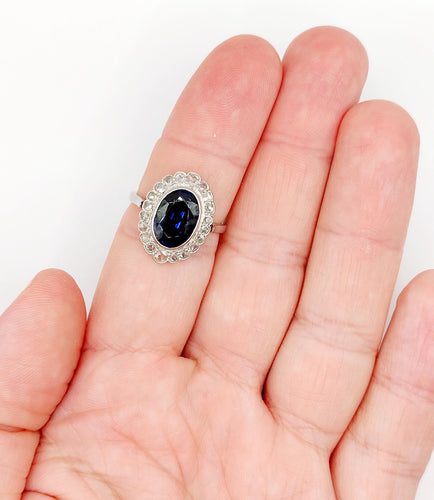 Bague 56.5 Bague marguerite Platine saphir synthétique et diamants taille rose 58 Facettes A05897