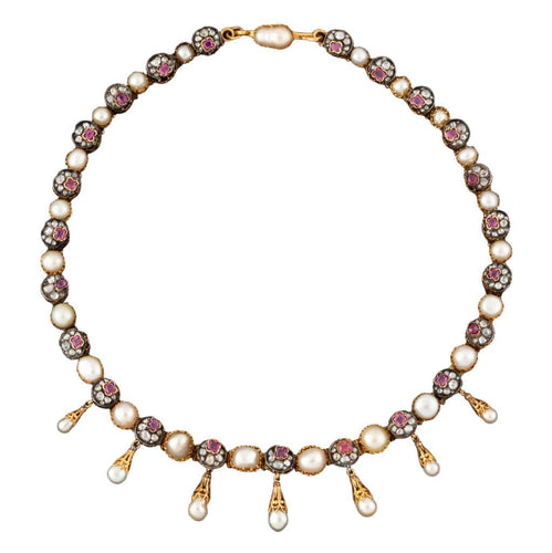 Collier Collier rivière en or et argent, diamants, rubis, perles fines - Vers 1870 Second Empire - Certificat LFG 58 Facettes A3148