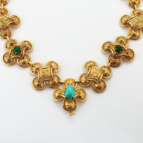 Collier M. Gérard - Sautoir transformable en or jaune 18k, émeraudes, turquoises et émail 58 Facettes