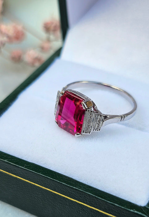 Ring Art Deco white gold synthetic ruby