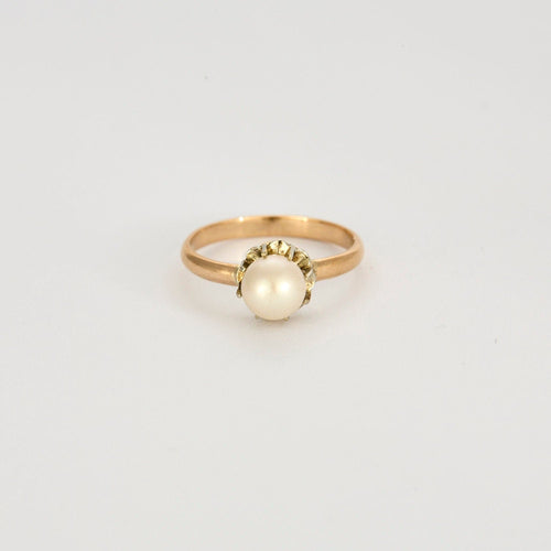 Bague 51.5 Bague ancienne style solitaire en or rose et perle 6mm. 58 Facettes