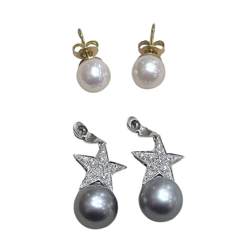 Boucles d'oreilles Boucles d'oreilles en perles avec une étoile en diamants, en or blanc et jaune 18 carats 58 Facettes PE238TA159