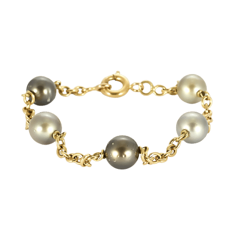 Keltakultainen rannekoru ja Tahitin viljeltyjä helmiä 