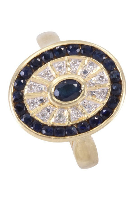 Modern yellow gold ring with sapphires and diamonds