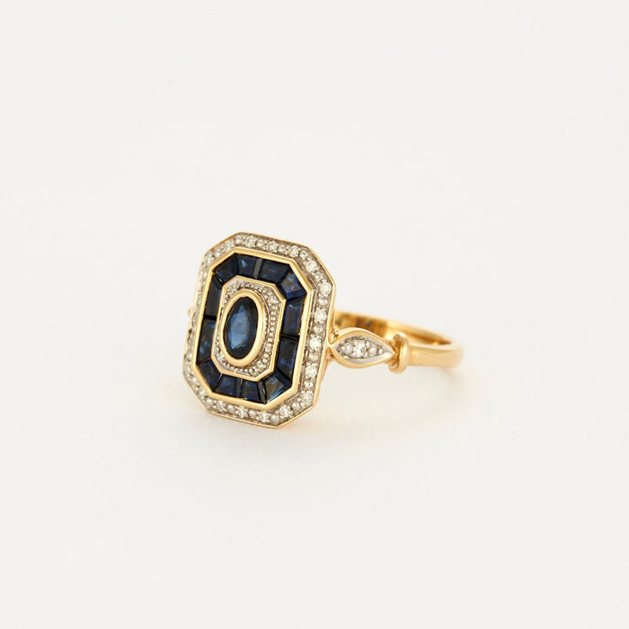 Art deco style ring with sapphires and diamonds in yellow gold