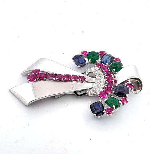 Broche Magnifique broche tutti frutti en or blanc massif ornée d'un mélange de pierres précieuses 58 Facettes