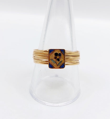 Victoriansk veckoring med blomma i 18k roséguld och blå emalj 