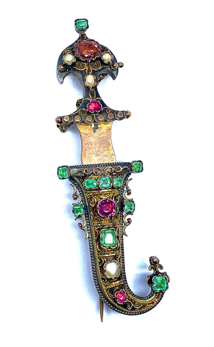Saber brooch silver emeralds beads