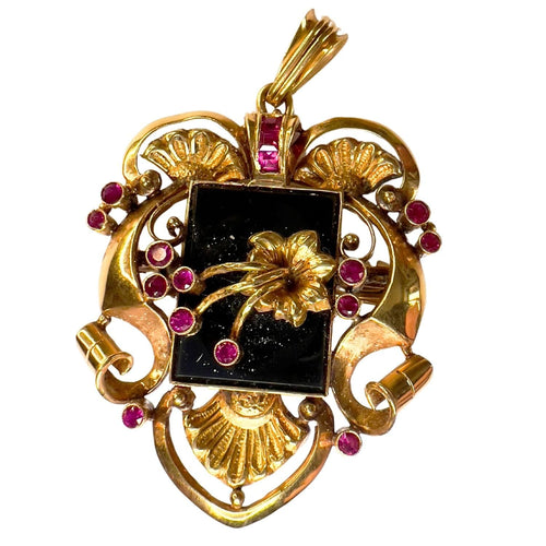 Pendentif Pendentif/broche en or jaune 1900 avec onyx et rubis 58 Facettes Q342B