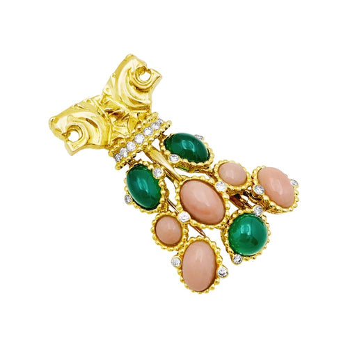 Boucles d'oreilles Demi-parure "Lions" transformable, or jaune, diamants, corail, chrysoprase. 58 Facettes 35286